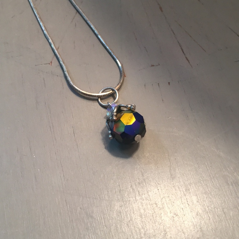 Silver necklace with black iridescent bead charm